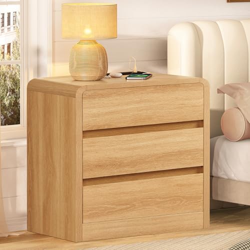 Nightstands Set of 2, Night Stand with 3 Storage Drawer and Charging Station, Modern End Tables Wide Night Stands for Bedroom Sofa Couch Home Office, Natural - color: Unbzx026rd2-zf