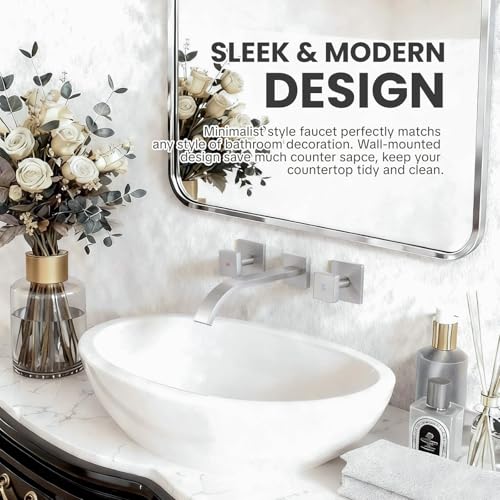 ALEASHA Wall-Mounted Bathroom Sink Faucet, Brushed Nickel Bathroom Faucet | Waterfall Bathroom Faucet with Two Handles, Brass Bathroom Sink Faucet, Wall-Mounted Washroom Faucets and Rough-in Valve - color: Brushed Nickel