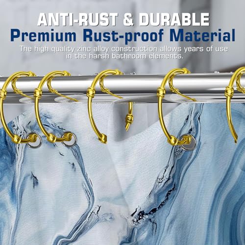 Gold Shower Curtain Rings, 12 Pcs Rust Proof Metal Curtain Hooks, Oval Snap Shower Rings for Curtain, Glide Smoothly for Bathroom Shower Rod, Zinc Alloy - color: Golden