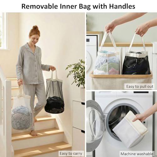 efluky Laundry Hamper with Lid, Double Laundry Basket with 2 Removable Bags, 2 Section Laundry Bin with Bamboo Handles for Bathroom, Bedroom & Laundry Room, 140L (36.9 Gallon) Beige - color: Beige, size: 140L Dual