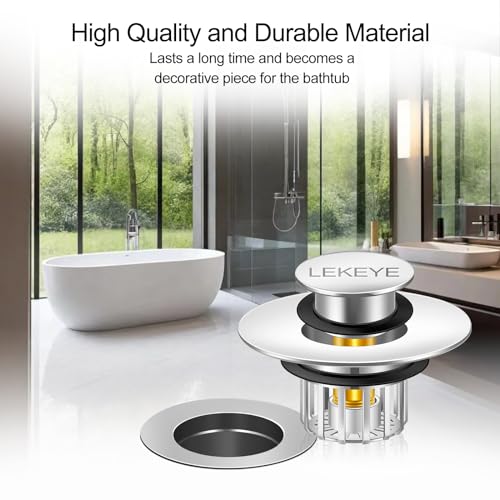 LEKEYE Tub Stopper | Shower Drain Hair Catcher | Pop-up Drain Stopper with Strainer | Bathroom Bathtub Plug | Drain Protector for 1-1/2 to 1-3/4" Bath Drain Hole - Pearl Chrome - color: Pearl Chrome