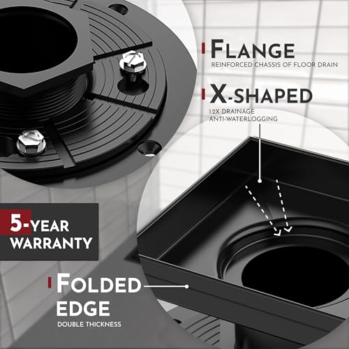 6 Inch Square Shower Drain Black Floor Drain with Flange Reversible 2-in-1 Cover Tile Insert Grate Removable SUS304 Stainless Steel CUPC Certified Matte Black - color: Matte Black, size: 6 Inch