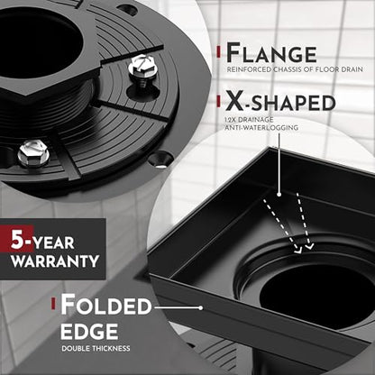 6 Inch Square Shower Drain Black Floor Drain with Flange Reversible 2-in-1 Cover Tile Insert Grate Removable SUS304 Stainless Steel CUPC Certified Matte Black - color: Matte Black, size: 6 Inch