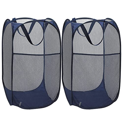 BATTOO Deluxe Strong Mesh Pop up Laundry Hamper Basket with Side Pocket Foldable Hamper for Laundry Room, Bathroom, Kids Room, College Dorm or Travel Navy + Navy - color: Navy + Navy, size: 2 pack