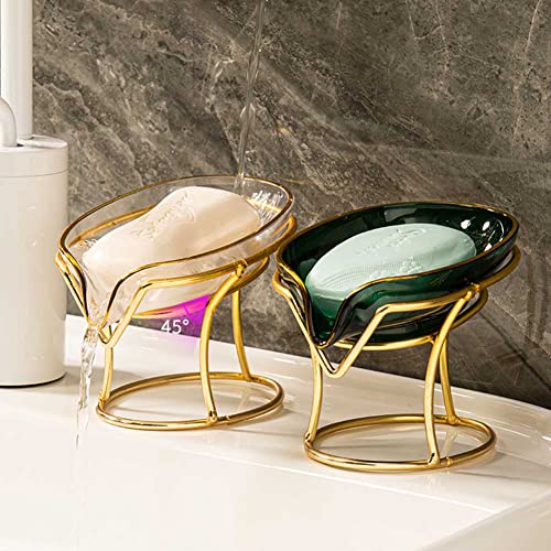 Self Draining Soap Holder Clear Plastic Soap Dish Soap Tray with Gold Iron Frame for Home Bathroom Shower Kitchen, 1 Piece