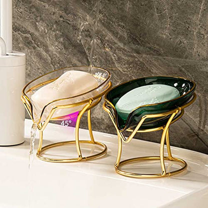 Self Draining Soap Holder Clear Plastic Soap Dish Soap Tray with Gold Iron Frame for Home Bathroom Shower Kitchen, 1 Piece