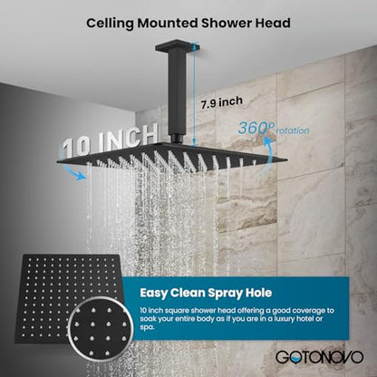 gotonovo Ceiling Shower System with Handheld Matte Black,10 inch Head | Ceiling Mount Bathroom Shower Faucet Set,SUS304 Rainfall Head and Handle Set Combo,Brass Valve Trim Kit,All Metal - color: Black, size: 10 inch Head