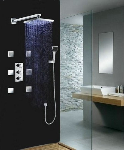 Luxury 10" Water Power LED Shower Head Rainfall Thermostatic 6 Massage Jets Spray Body Shower Set Faucet, Chrome Ys 7008