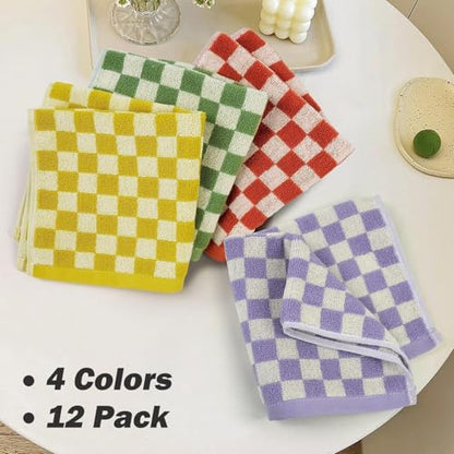 Washcloths 12 Pack Checkered - Wash Cloths for Showering (13"x13") | 4 Colors, Multi-Purpose Bathroom Face Cloths, Soft and Cute - color: 4 Colors