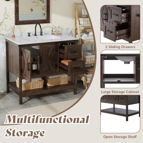 AMERLIFE 36" Brown Farmhouse Bathroom Vanity with Sink and 2 Drawers | Rustic Brown, Single Solid White Integrated Top, Moisture-Resistant MDF, 2 X-Panel Doors, 2 Drawers, Open Shelf, Towel Holder - color: Rustic Brown, size: 36”