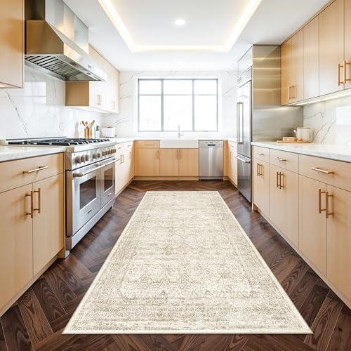4x8 Rug Indoor Kitchen Washable: Non Slip Area Rug for Entry Hallway Farmhouse Vintage Rug Runner for Bathroom Entryway Low Pile Soft Door Mat for Living Room Bedroom (Beige/Ivory 4'x8') - color: Beige, size: 4' x 8' (Rectangular)