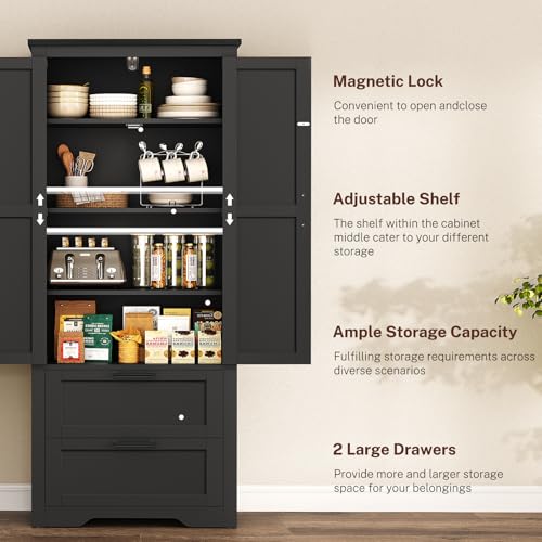 66.1" H Storage Cabinet, Farmhouse Kitchen Pantry Cabinet with 2 Drawers & Adjustable Shelf, Bathroom Cabinet, for Living Room, Kitchen, Bathroom, Black - color: Black
