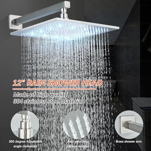 Brushed Nickle Shower System 12 Inch LED Rainfall Shower Head Brass Handheld Combo Set Bathroom Rain Shower Mixer Shower Rough-in Valve Body and Trim Included