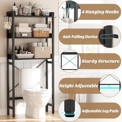 Ecoprsio Over-The-Toilet Storage Rack, 3-Tier Bathroom Organizer Shelf Over Toilet, Freestanding Space Saver Toilet Stands with 4 Hooks, Black - color: Black