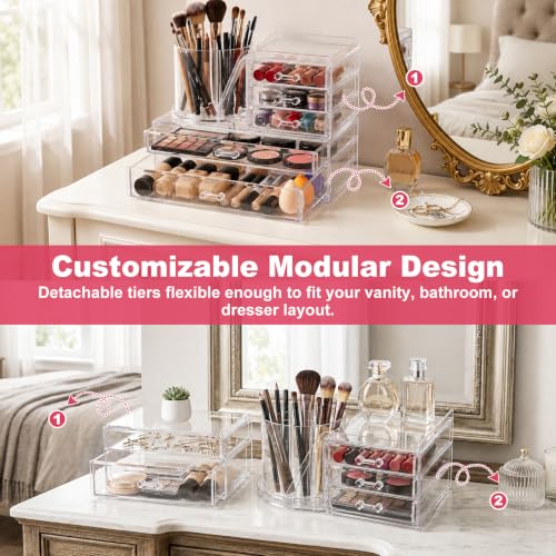 2-Tier Acrylic Makeup Organizer, 360° Rotating Brush Holder & 5 Drawers | Stackable Design; 5 Detachable Drawers; Crystal Clear Display; Space-Saving Countertop Caddy for Vanity, Bedroom & Bathroom - size: 2 Tier-5 Drawers