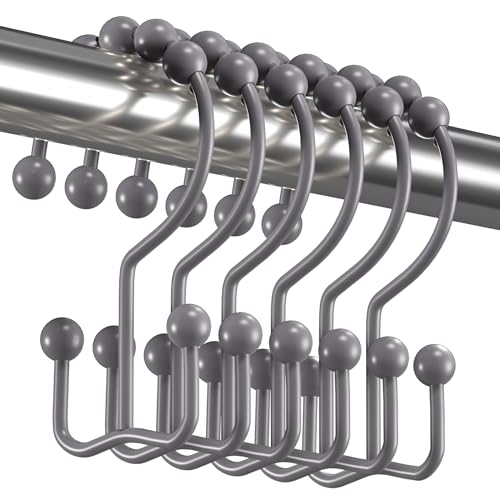 Titanker Shower Curtain Hooks Rings, Rust-Resistant Metal Double Glide Shower Hooks for Bathroom Shower Rods Curtains, Set of 12 Hooks - Neutral Gray - color: Neutral Gray, style: Modern
