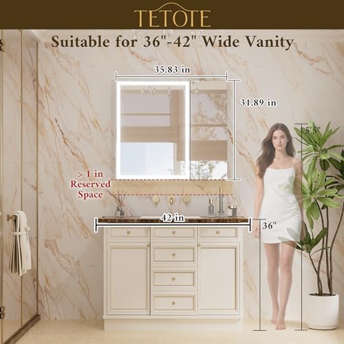 TETOTE 36 x 32 Medicine Cabinet with Lights, Adjustable Shelves, Silver Aluminum Cabinet, Anti-Fog Stepless Dimmable 3 Colors White/Warm/Natural, Easy to Install(Wall Mount/Recessed) - color: Silver, size: 32"L x 36"W