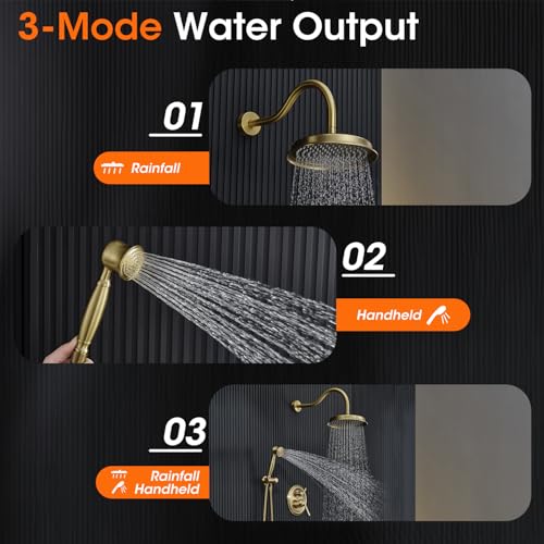 Rainfall Shower System Shower Faucet Set, Luxury, Antique, Light Gold | 9 Inch Shower Head and Handheld Spray, Pressure Balance Valve, Wall Mounted, Bathroom, Shower Trim Kit - color: Brushed Light Gold, style: With Handheld