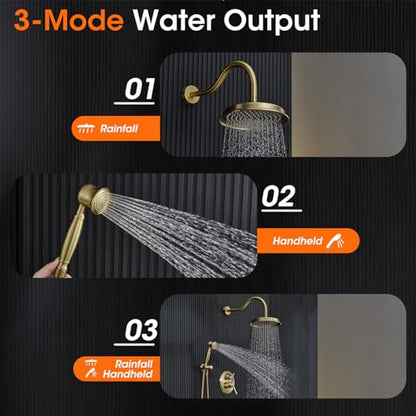 Rainfall Shower System Shower Faucet Set, Luxury, Antique, Light Gold | 9 Inch Shower Head and Handheld Spray, Pressure Balance Valve, Wall Mounted, Bathroom, Shower Trim Kit - color: Brushed Light Gold, style: With Handheld