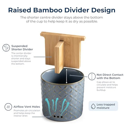 Zoeeker Toothbrush Holders, Detachable 3 Slots Electric Toothpaste Holder | Ceramic Toothbrush & Toothpaste Cup with Drain Holes & Bamboo Divider Brush Holder for Bathroom Countertop, Family, Blue - color: A-blue