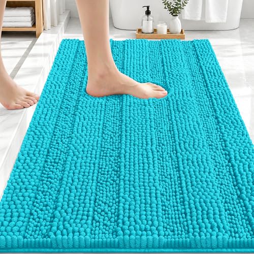 OLANLY Thick Bathroom Rugs 30x20, Soft Chenille Striped Bath Rugs, Aqua Sky | Rubber Backing, Machine Wash, Extra Absorbent Bath Mats for Bathroom Floor, Tub and Shower, Home Decor Accessories - color: Aqua Sky, size: 30" X 20"
