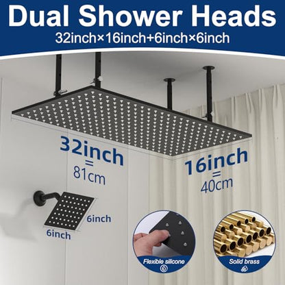 Dual Shower Heads System 16"x32" Ceiling Mount Rainfall and 6" Wall Mounted Shower Heads with 6 body Jets Thermostatic Shower Valve Full Body Shower System,Matte Black - color: Matte Black