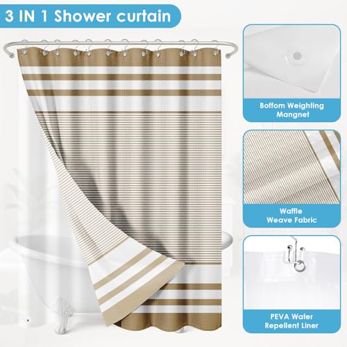 3 in 1 Shower Curtain and Liner,72 x 72 inch, Striped Modern | Navy Blue Modern Modern Double Layers Waterproof Fabric with See Through Top Window Open Grommet Bath Curtain - color: Striped Tan