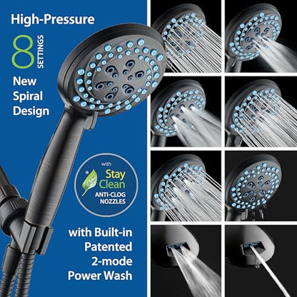 AquaCare New 8-mode High Pressure Handheld Shower Head w/ 2-way Power Wash | Stay Clean Nozzles, Dual Power Wash for Tub, Tile & Pets, Long 6 ft. Stainless Steel Hose, Wall & Overhead Brackets / Bronze - color: Bronze