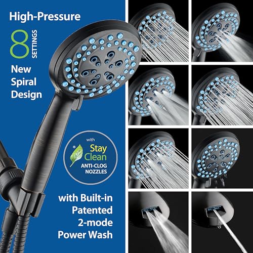 AquaCare New 8-mode High Pressure Handheld Shower Head w/ 2-way Power Wash | Stay Clean Nozzles, Dual Power Wash for Tub, Tile & Pets, Long 6 ft. Stainless Steel Hose, Wall & Overhead Brackets / Bronze - color: Bronze