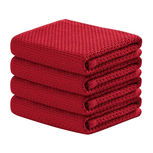 joybest Cotton Kitchen Towels, 4-Pack Waffle Weave Ultra Soft Absorbent Dish Towels Quick Drying Kitchen Dish Cloths, 18 in x 28 in, Red - color: Red, size: 18 in x 28 in