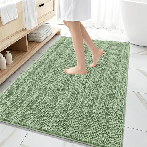 OLANLY Thick Large Bathroom Rugs 59x35, Chenille Bath Rugs, Sage Green | Absorbent Striped, Rubber Backing, Machine Wash Dry, Bath Mats for Bathroom Floor, Tub and Shower, Home Decor Accessories - color: Sage Green, size: 59" X 35"
