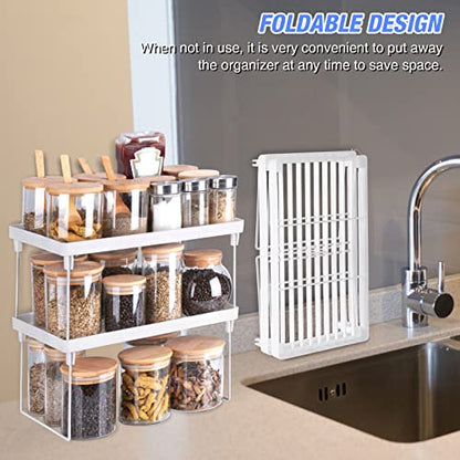 NiHome 4-Pack Stackable Plastic Kitchen Storage Shelf Foldable Rack, White | Stackable Kitchen Cabinet Organizer and Storage Shelves, Expandable Storage Racks for Counter Cabinet Pantry
