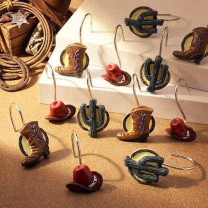 Roowest 12 Pcs Western Cowboy Shower Curtain Hooks Western Shower Curtain Hooks Stainless Steel Rust Resistant Rings Hangers for Winter Farmhouse Rustic Bathroom Decor - style: Western Cowboy