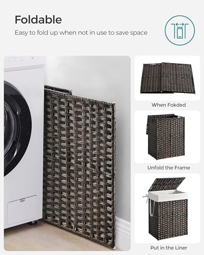 SONGMICS Laundry Hamper with Lid, 23.8 Gallon (90 L) Synthetic Rattan Clothes Laundry Basket with Lid and Handles, Foldable, Removable Liner, Chestnut Brown ULCB051K02 - color: Chestnut Brown, size: 90 L