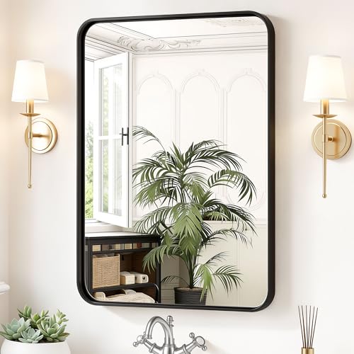 Sweetcrispy Bathroom Wall Mirror, 36x24 Inch Mirror for Over Sink, Black | Modern Wall Mount Vanity Mirror Rounded Rectangle with Matte Brush Metal Framed, for Home Decor, Living Room, Bedroom - color: Black-rect, size: 36"L x 24"W