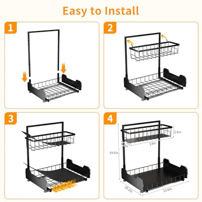 Under Sink Organizer, 2-Tier L-Shaped Pull Out Cabinet Shelf with 2 Installation Methods, Adjustable Sliding Storage Drawer for Kitchen, Bathroom, Laundry, Metal, Black - size: 1 Pack
