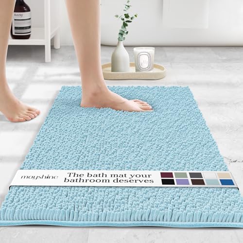 MAYSHINE Small Plush Shaggy Chenille Bath Mat, 24"x17" Extra Soft, Super Absorbent, Non-Slip Bathroom Rug | Fluffy Microfiber, Area Rug Sets for Bathroom Floor, Kitchen, Living Room | Spa Blue - color: Spa Blue, size: 24"x17" Rectangular