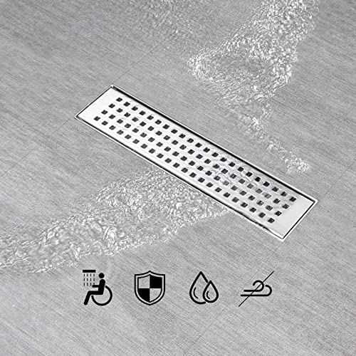 SaniteModar Linear Shower Drain 12 inch Brushed with Square Hole Panel | AISI 304 Stainless Steel Brushed Linear Dain Rectangle Shower Floor Drain with Hair Strainer and Leveling Feet - color: Stainless Steel, size: 12 Inch