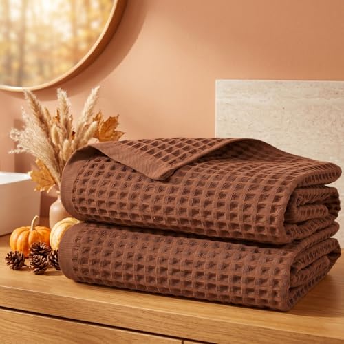 Waffle Bath Towels Set of 2 (Rust) - Fall Bathroom Decor, Large 31” x 62” | Low Lint, Lightweight & Quick Dry Cotton Towels - color: Rust