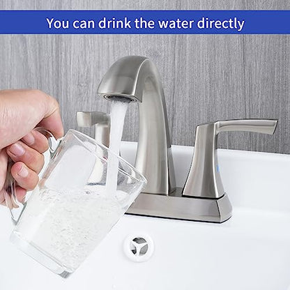 VXV Bathroom Faucet Brushed Nickel, 2 Handles Low Arc Bathroom Sink Faucets, 4 Inch Centerset Bath Lavatory Faucets with Pop-up Drain & Faucet Supply Lines (BN) - color: ‎Brushed Nickel-4 inches