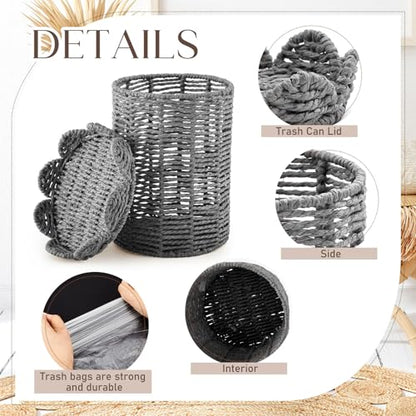 Ctosree 1.3 Gallons Small Wicker Trash Can with Lid Handle Woven Wicker Rattan Bathroom Waste Basket Boho Trash Basket with 100 Plastic Garbage Bags for Bedroom Office Laundry (Scalloped Style, Gray) - color: Gray, size: 1.3 Gallons, style: Scalloped Styl