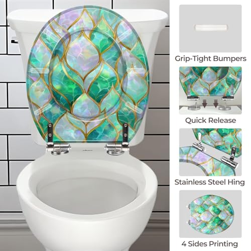 Round Resin Toilet Seat, Quietly Close Quick Release Hinges Cover | Toilet Lid Cover Easy to Clean and Install, Luxurious Iridescent Leaf Mosaic Gold Edges Elegant Heavy Duty Toilet Seat - color: pattern8, size: O-shape