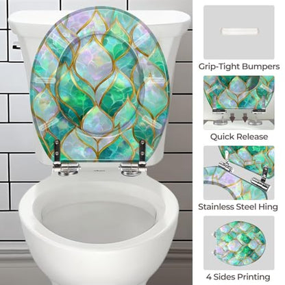 Round Resin Toilet Seat, Quietly Close Quick Release Hinges Cover | Toilet Lid Cover Easy to Clean and Install, Luxurious Iridescent Leaf Mosaic Gold Edges Elegant Heavy Duty Toilet Seat - color: pattern8, size: O-shape