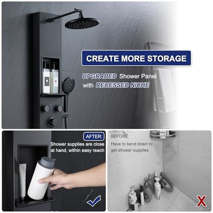ROVATE Shower Panel Tower System with Shelf & 6 Body Jets, Matte Black | Stainless Steel Shower Column with Height Adjustable Shower Arm, Self-Cleaning Rainfall Shower & Handheld, Mixing Valve Body - color: Matte Black