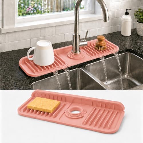 14.5" Silicone Faucet Handle Drip Catcher Tray,7° Sloped Self Draining Mat with Snap-on Design & Soap Holder, Sink Splash Guard for Kitchen & Bathroom, Trim-to-Fit Opening - color: Pink, size: 14.5" x 5.5"