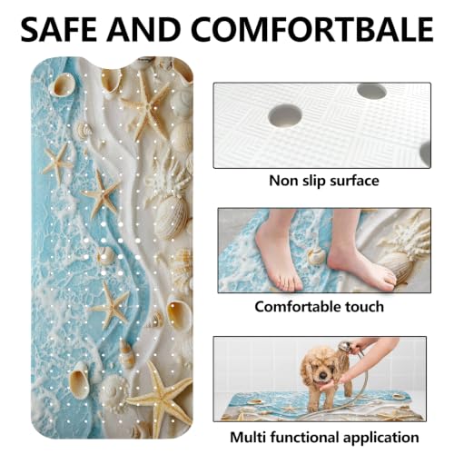 LNOND Summer Beach Bathtub Mat Non Slip, 40 X 16 Inch Tub Mat for Bathroom, Starfish and Seashells Bath Tub Shower Mat with Drain Holes and Suction Cups - color: Starfish and Seashells Bathtub Mat