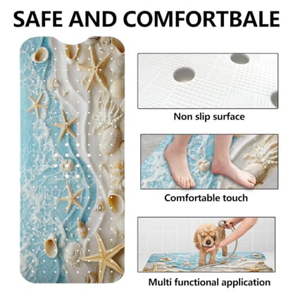 LNOND Summer Beach Bathtub Mat Non Slip, 40 X 16 Inch Tub Mat for Bathroom, Starfish and Seashells Bath Tub Shower Mat with Drain Holes and Suction Cups - color: Starfish and Seashells Bathtub Mat