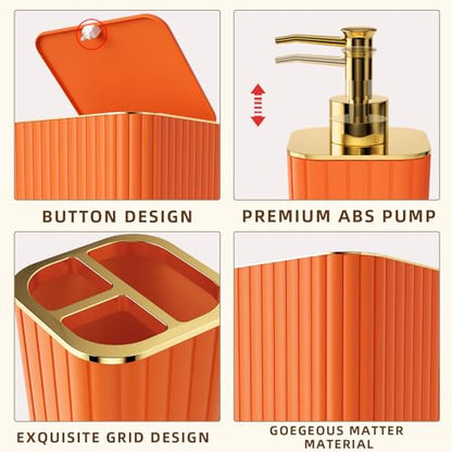 XLHOMO Bathroom Accessory Set - 26PC Bathroom Shower Curtain and Rug Set, Bathroom Accessories Set, Orange Bathroom Set with Trash Can, Toilet Brush, Qtip Holder & Soap Dispenser - style: Orange