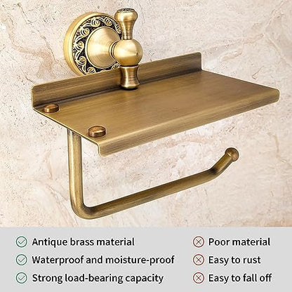 Toilet Paper Holder with Phone Shelf, Bathroom Toilet Paper Roll Holder Antique Bronze Brass Wall Mounted Bathroom Hardware Accessories,Pattern Carving Design