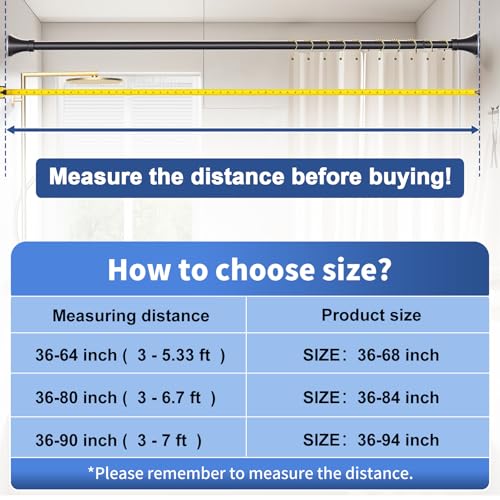 Matte Black Shower Curtain Rod 36-84 Inch(3-7ft), No Slip No Drill Stainless Steel Spring Tension Curtain Rod, No Rust Shower Rod Adjustable For Bathroom Window Bedroom - color: Matte Black, size: 36"-84"